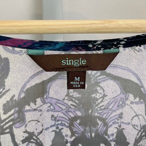 SINGLE City M Print Silk Long Sleeve Wrap Top Hi Low Sheer Multicolor Blue USA - Picture 3 of 10